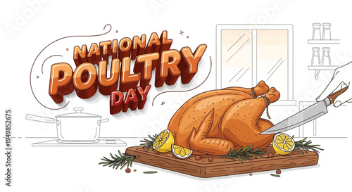 Illustration of a roasted turkey on a cutting board with lemons and herbs, celebrating National Poultry Day in a kitchen setting with a vector design style and warm tones.