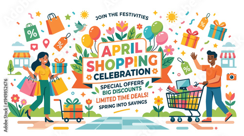 April Shopping Celebration Banner with Festive Elements