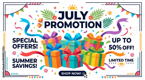 July Promotion Banner with Gift Boxes and Confetti