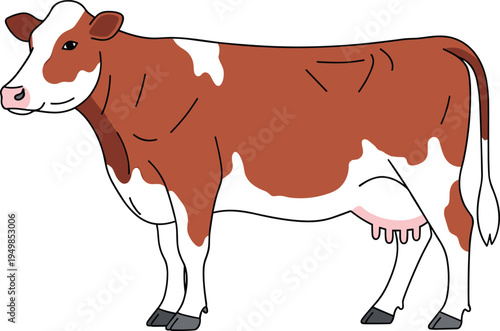 Brown and White Spotted Cow Standing Vector Illustration for Dairy Farm Logo Cattle Livestock Industry Agriculture Design and Milk Production