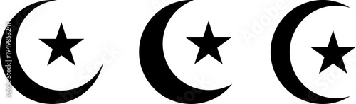 Three crescent moons each paired with a central star symbol in black and white.