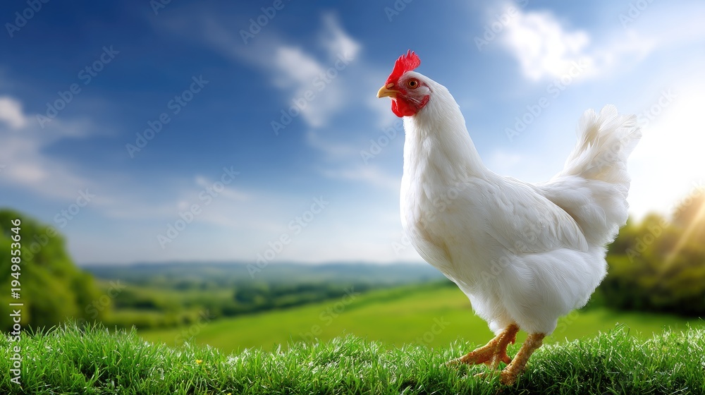 Fototapeta premium White Chicken Standing on Green Grass Against a Scenic Landscape with Blue Sky and Sunlight in the Background