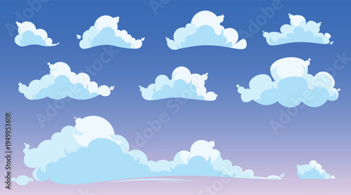 Flat Cartoon Cloud Icon Set. Cute White Clouds Isolated on Blue Sky Background, Cloudscape Panorama with Soft Mist, Weather Symbols for Web, UI, and Graphic Design.