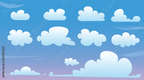Flat Cartoon Cloud Icon Set. Cute White Clouds Isolated on Blue Sky Background, Cloudscape Panorama with Soft Mist, Weather Symbols for Web, UI, and Graphic Design.