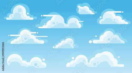 Cartoon White Cloud Collection in Cute Flat Style. Set of Soft Cloud Shapes for Sky Background, Weather Design, Cloudscape Illustration, Mist, Smoke, and Nature Elements.