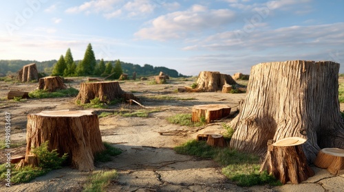 Deforested Landscape with Tree Stumps and Sparse Vegetation Under Blue Sky and Light Clouds