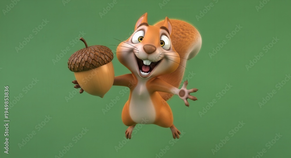 Obraz premium Cute Animated Squirrel Holding Acorn in a Playful Gesture for Kids Content