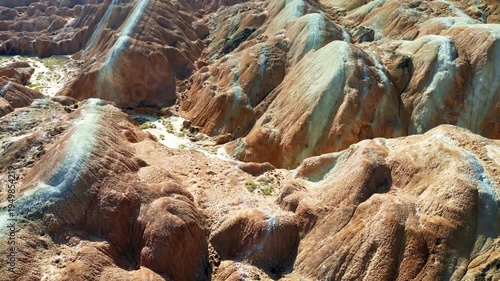Aerial drone view of eroded sandstone ridges in Zhangye Danxia National Geopark, Gansu, China
