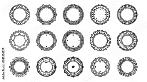 a set of ornate circular emblems and crests in black and white, ideal for use in graphic design, branding, and historical projects