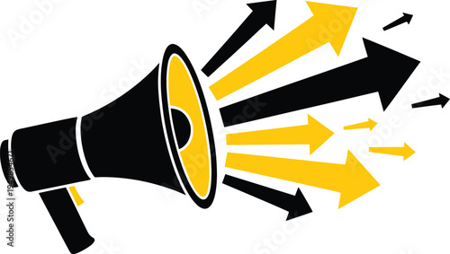 Megaphone broadcasting multiple yellow and black arrows representing viral marketing reach