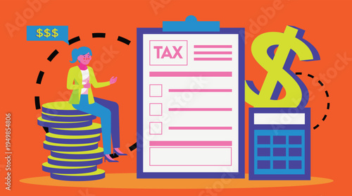 Tax payment illustration with calculator, tax form, coins and dollar symbol, accounting calculation and finance management concept.