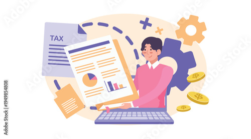 Woman working on laptop with tax form and notes, accounting report, bookkeeping, financial planning and office work concept.