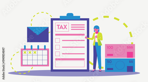 Tax growth illustration with chart, tax form, calculator and coins, financial increase, accounting report and business profit concept.