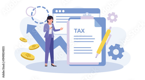 Tax report illustration with businessman reviewing tax document and financial form on clipboard, accounting data analysis, audit paperwork and finance management concept.