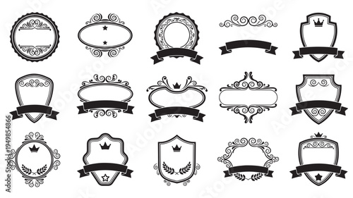 a set of black and white vintage crest emblem badges on a white background, suitable for use in graphic design, branding, and marketing materials