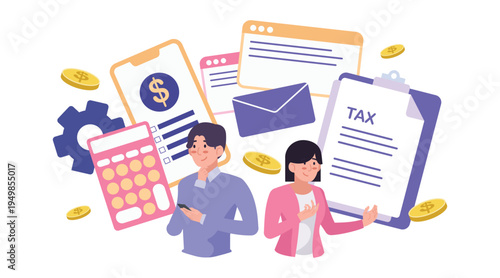 Audit inspection illustration with documents, passport, calculator and report, tax verification, accounting paperwork and financial checking concept.