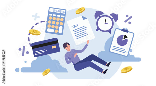 Office worker falling with papers and financial reports, tax deadline stress, accounting workload and business paperwork illustration.