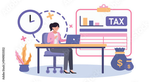 Woman working on tax report at desk with computer and clock, accounting deadline, financial calculation and office work concept.
