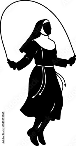 Humorous black and white silhouette of a catholic nun jumping rope. Energetic religious sister exercising with a skipping rope. Concept of health, joy, and unexpected activity in religious life.