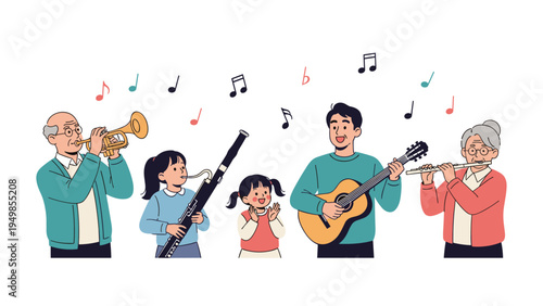 Multi generational family ensemble with grandfather children and parents playing trumpet flute and guitar together.