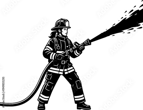 Female firefighter in full protective gear using a high-pressure water hose to extinguish a fire. Black and white woodcut style illustration of a brave woman first responder in action.