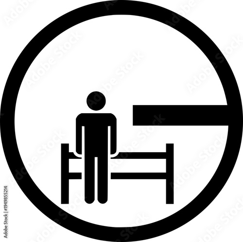 Minimalist black and white icon of a person sitting on a bed or medical stretcher. Universal symbol for patient care, hospital room, clinic, or hostel accommodation. Simple circular sign.