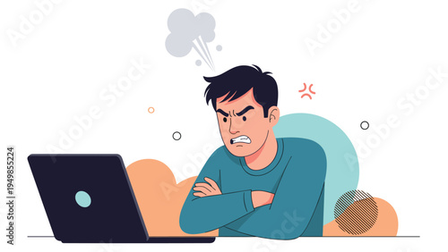 Frustrated man with crossed arms looking angry and annoyed while working on his laptop with steam above his head.
