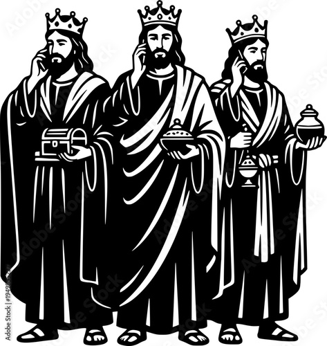 Funny modern twist of the Three Wise Men (Biblical Magi) talking on mobile phones while carrying gold, frankincense, and myrrh. Black and white vector illustration of kings with smartphones.