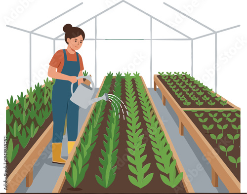 Woman watering plants in a greenhouse with rows of crops growing