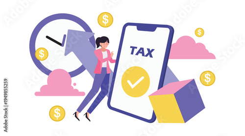 Tax security illustration with shield, tax form, people holding documents, accounting protection and financial safety concept.