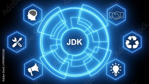 JDK Java Development Kit technology concept with icons and glowing blue circle software