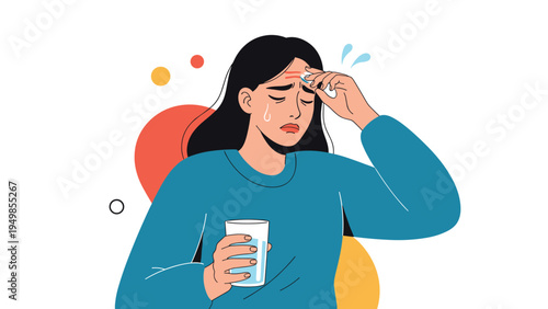 Ill woman with a high fever holding a damp cloth to her forehead and a glass of water while looking distressed.