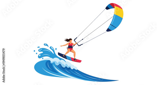 A kitesurfer rides a wave with a colorful kite in the sky