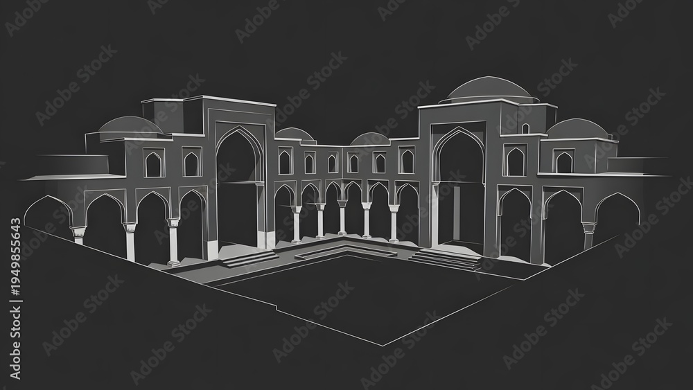 Obraz premium Symmetrical palace courtyard with domes, arches, and grand central entrance