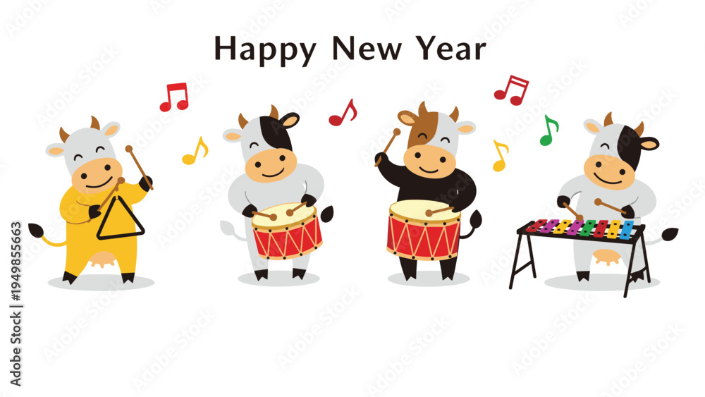 Fototapeta premium Four adorable cows playing triangle and drums with colorful musical notes for happy new year 2021 celebration.