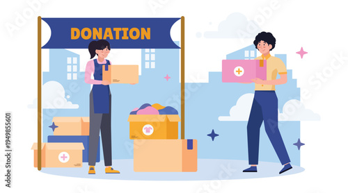 Donation illustration with volunteer carrying box of supplies to donation center, charity help concept with clothes, food packages and community support activity.