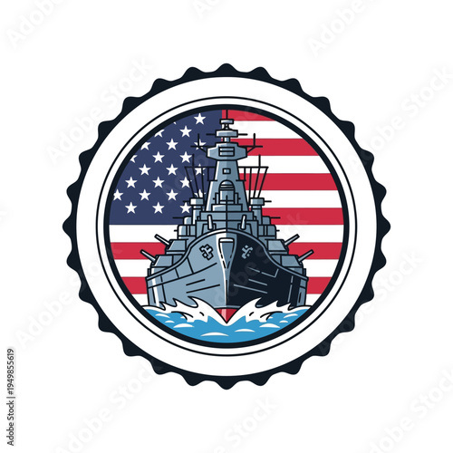 Vintage naval warship emblem featuring american flag and waves