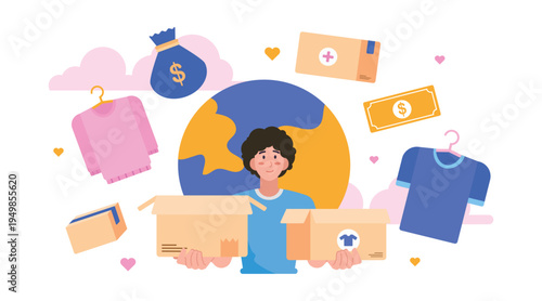 Charity donation concept with woman holding donation box, clothes, money and goods, volunteer support illustration for humanitarian aid and social help campaign.