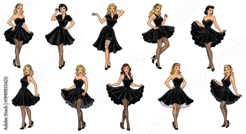 A collection of pin up style women in black dresses posing dynamically