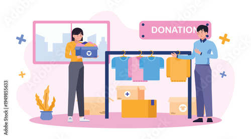 Donation center illustration with volunteers sorting clothes and supplies, charity organization work, humanitarian aid, clothing donation and community support concept.