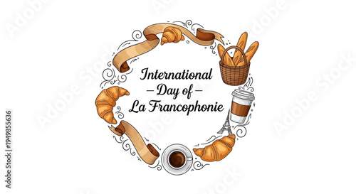 Vector illustration celebrating International Day of La Francophonie with French food and drink icons in a circular design on a white background.
