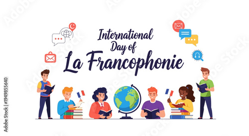 Illustration of diverse people celebrating International Day of La Francophonie with a globe and devices in a colorful design.