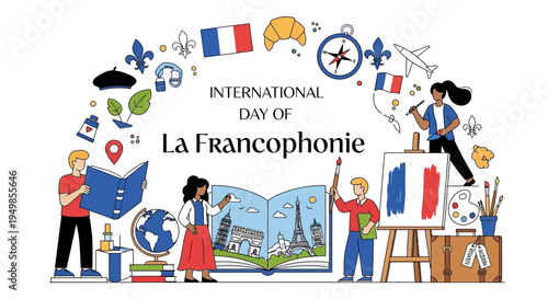 Illustration of diverse people celebrating International Day of La Francophonie with creative activities and French symbols.