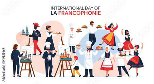 Vector illustration of diverse people celebrating International Day of La Francophonie with cultural activities and traditional clothing.