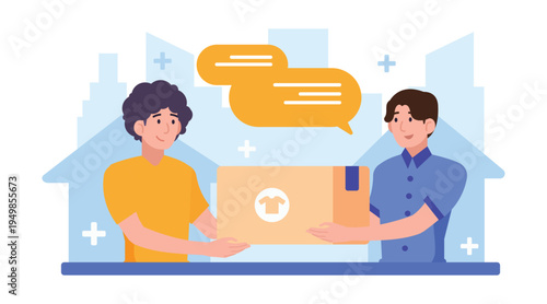 Home donation concept with people giving box with recycle symbol, charity help, package delivery, social support and volunteer activity illustration.