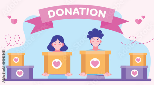Donation event illustration with volunteers behind donation table, charity campaign, fundraising, social help and humanitarian support concept.