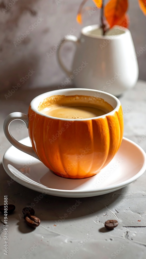 Obraz premium Warm orange pumpkin-shaped cup on saucer with coffee