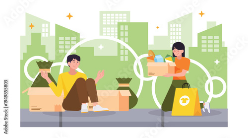 Community sharing food illustration with volunteers giving meals, charity help, social care, donation activity and humanitarian support concept.