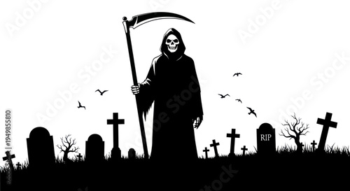 Grim Reaper Standing in Graveyard with Scythe - Spooky Halloween Silhouette