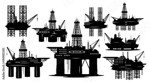 Offshore Oil Rig Silhouettes Collection - Industrial Marine Platforms